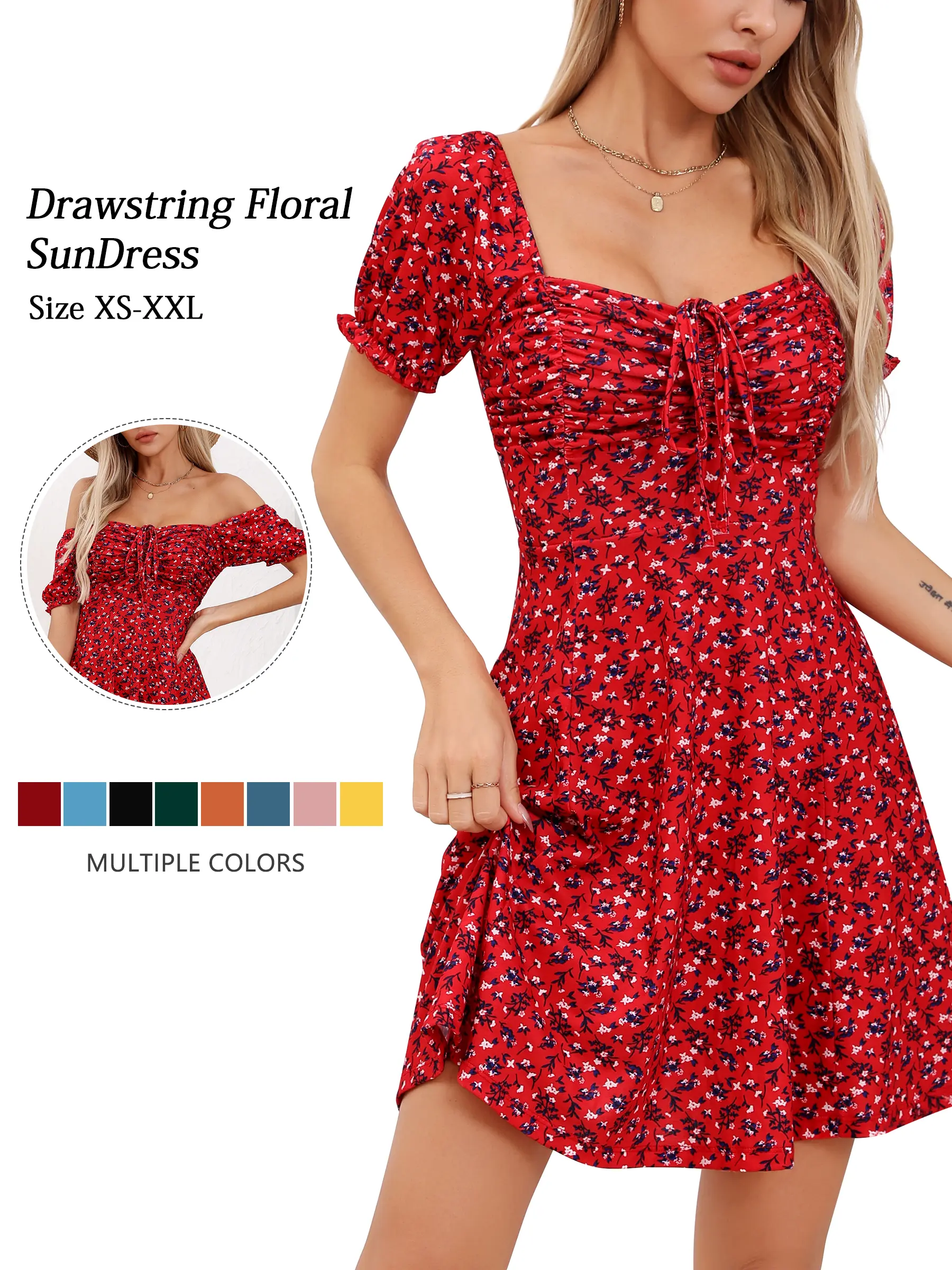 Women's Fitted Floral Print Puff Shortsleeve Boho Notched Neck Drawstring Fit-Flare Mini Sun Dress - Bohemian Romantic Casual Wear with Elastane for Summer Vacation