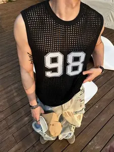 Men's Number 98 Mesh Knit Tank Top Vest Top - Breathable Hollow Out Sleeveless Casual Streetwear Top,Green top, green T-shirt, green tank top