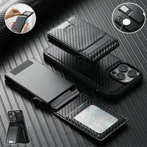 Carbon Fiber Pattern Phone Case with Card Holder, 1 Count Multi-slot Wallet Phone Case with Magnetic Card Holder for iPhone 16 15 14 13