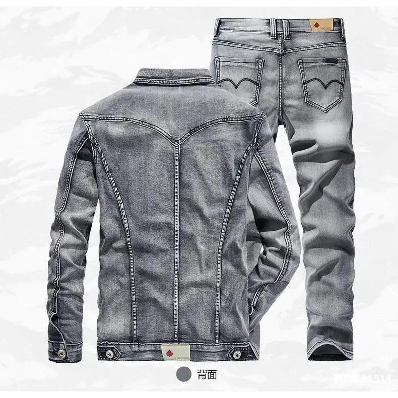 Men 2 piece sets new simple autumn smoky gray long sleeve jacket + jeans fashion slim couple suit Clothes Womenswear