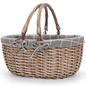 Oval Picnic Basket with Folding Handles, Willow Hand Woven Shopping Basket, Bath Toy Kids Toy Storage Gift Packing Basket, Wicker Empty Easter Eggs and Candy Small Gift Basket.GreyCheck