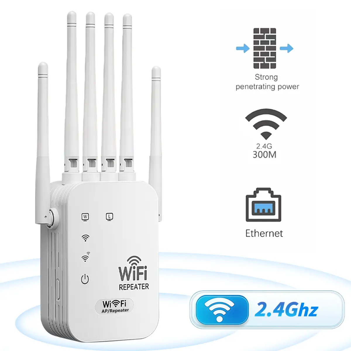Universal WiFi Signal Extender Repeater, US Standard Specification, Dual Ethernet Ports, 300Mbps 1000 Sq.ft Compatible with All 2.4GHz Smart Devices, WiFi Range Extender