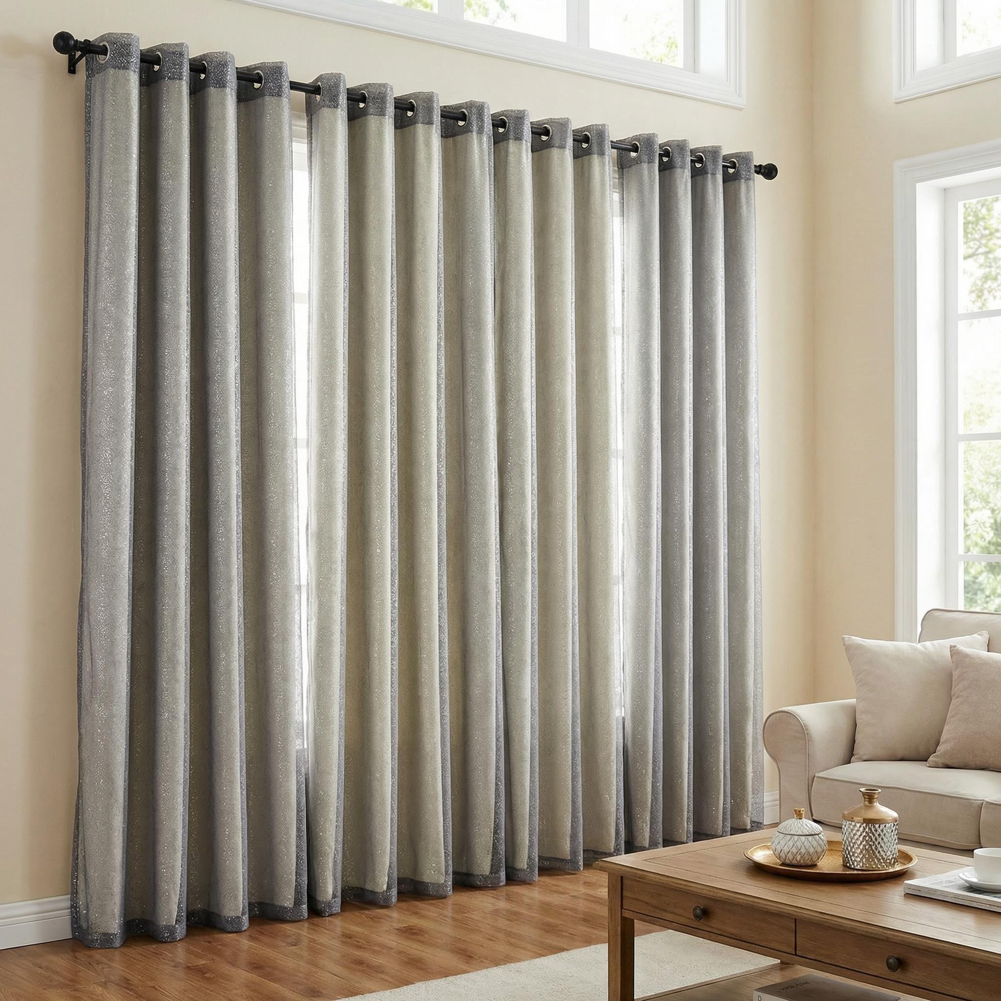 Curtain Club 8 Panels 52x84inch Curtain Fabric + Chiffon Set: 4 panels are plain blackout fabric, 4 panels are chiffon. With silver heat transfer finish, allowing light to pass through. The set can provide both blackout and decorative effects. FT2599+L28