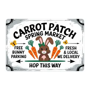 Cute Bunny Carrot Patch Spring Market  Tin Sign， Vintage Easter Bunny with Carrots Metal Sign Print Aesthetic Room Decoration for Home Bedroom Kitchen Bar Dorm Bathroom Wall Decor 8 X 12 Inch