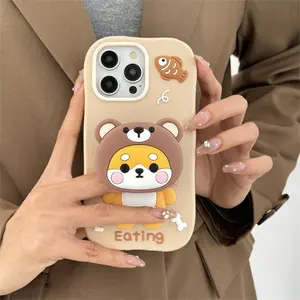 Cute cartoon Shiba Inu teddy bear telescopic stand phone case for iPhone 11 12 13 14 15 16 pro max