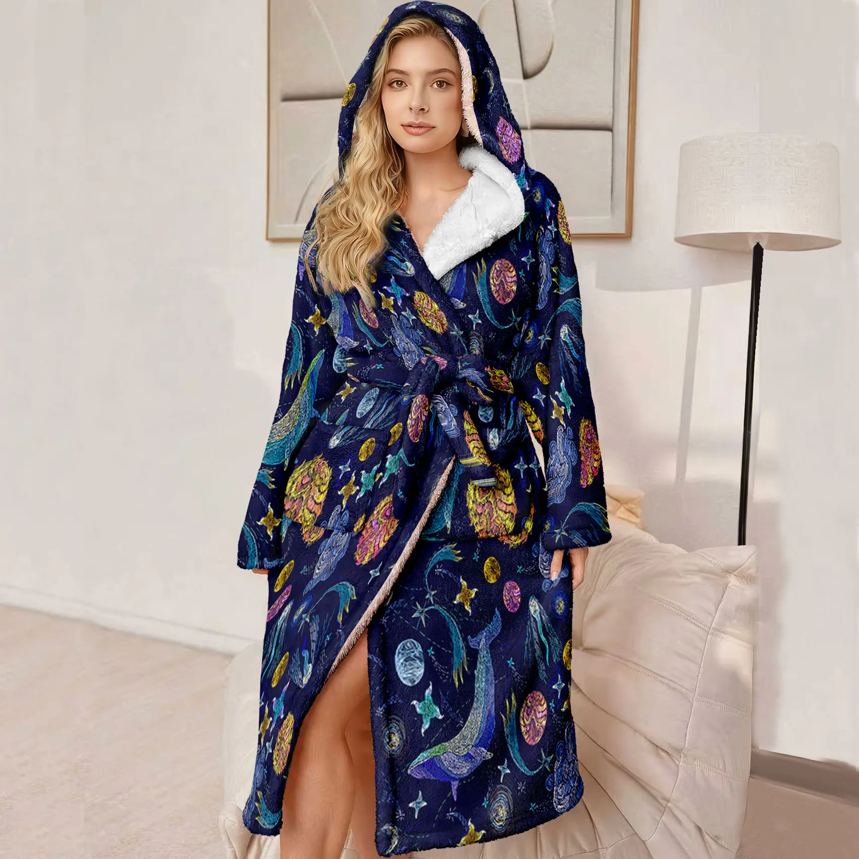 Plus Size Women's Hooded Luxury Bathrobe, Ultra Comfortable Fleece Robe with Belt and Pockets, Winter Gift for Mom and Wife