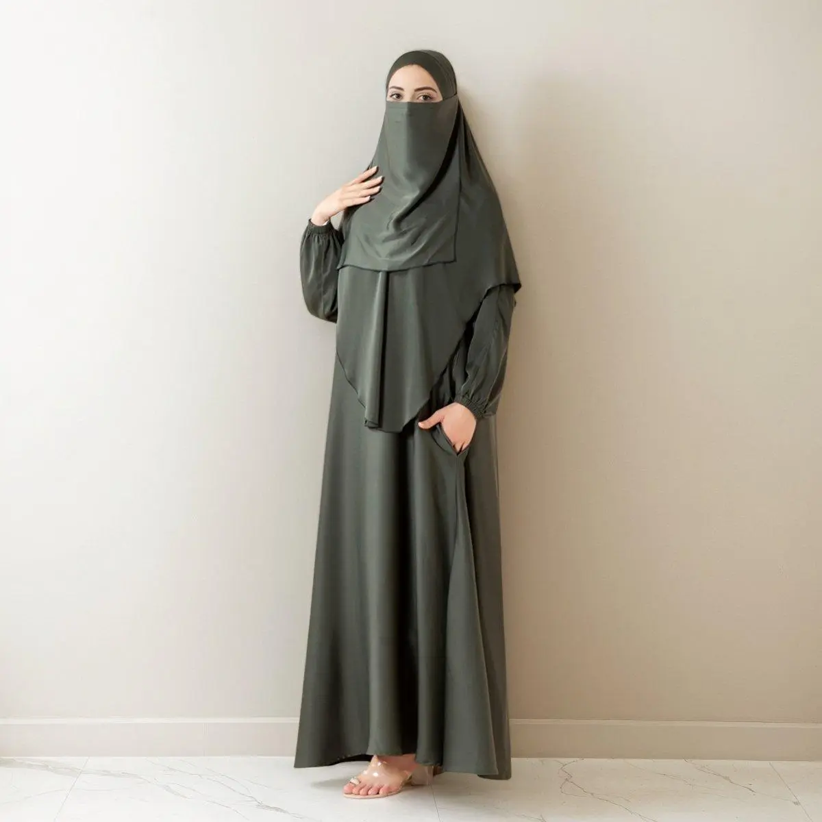 Women's 3-Piece Satin Abaya Set - Muslim Modest Outfits, Flowy Long-Sleeve Full-Length Garment with Adjustable Khimar, Niqab, Pockets for Prayer, Umrah (modestfashion)