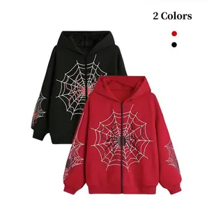 Women's Halloween Spiderweb Graphic Street Zip Up Print Long Sleeve Goth Oversized Hoodie Fashion Womenswear Streetwear