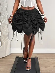Summer Drawstring Pleated Midi Skirt, Mid Waist Bubble Skirt, Sweet Cool Girl Style, Mini Short Skirt, Fashionable Women's Clothing