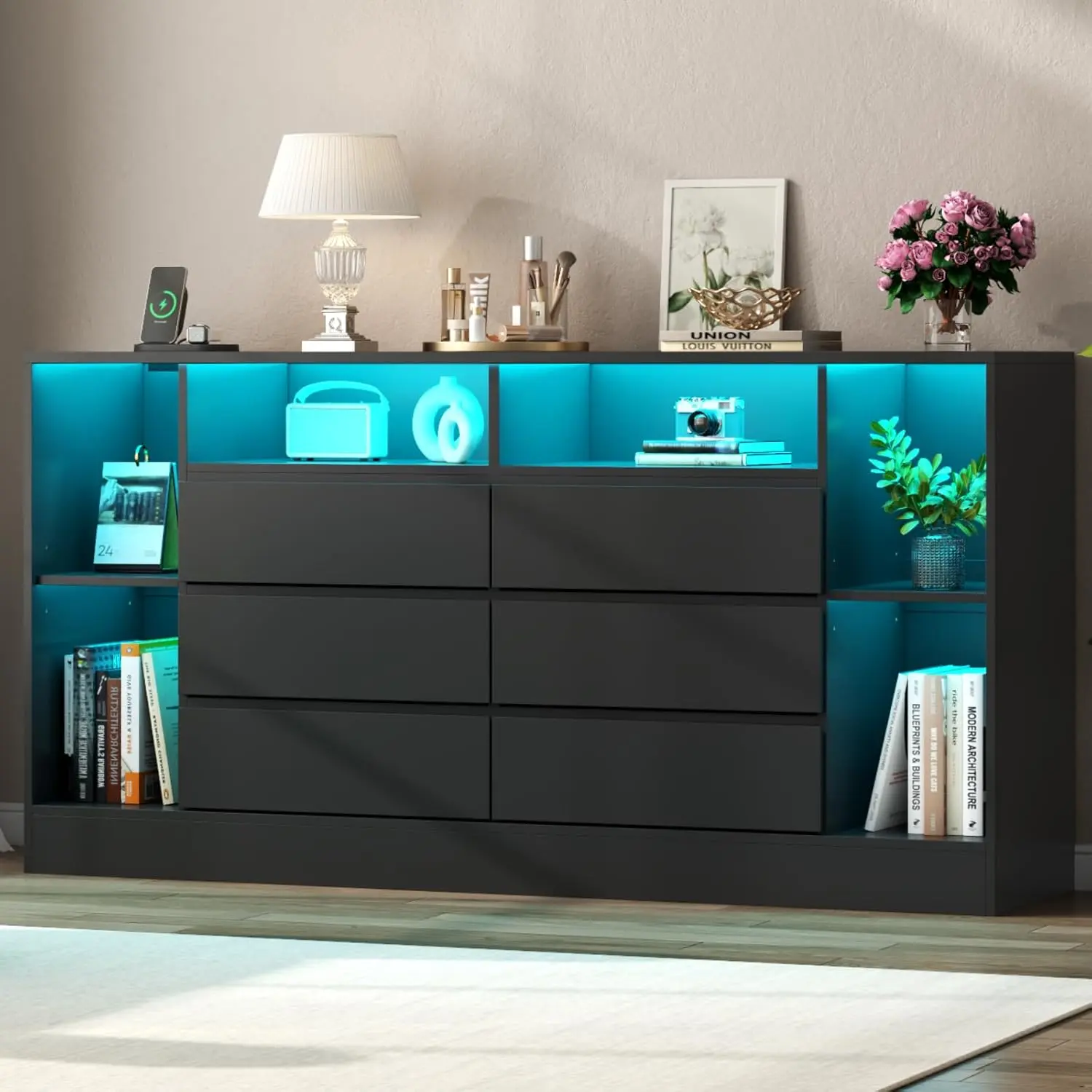 Gyfimoie 6 Drawers Dresser with 6 Open Storage Cubbies, LED Dressers & Chests of Drawers with Power Outlet, 55" Wide Long Dresser for Bedroom, Modern TV Stand with Open Shelf for Living Room living room drawer
