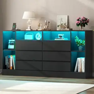 Gyfimoie 6 Drawers Dresser with 6 Open Storage Cubbies, LED Dressers & Chests of Drawers with Power Outlet, 55" Wide Long Dresser for Bedroom, Modern TV Stand with Open Shelf for Living Room living room drawer