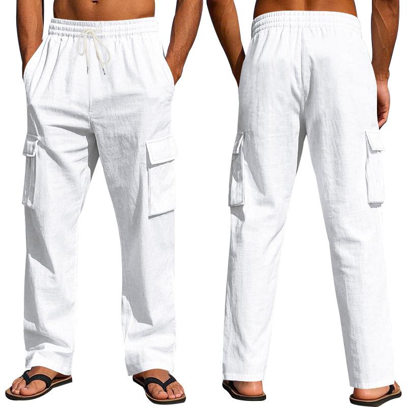 Men's Workwear Multi-pocket Straight Linen Pants Linen Four Seasons Thin Breathable Cargo Pants, Multi-pocket Loose Casual Trendy Wide-leg Pants