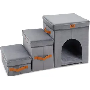 18" H Pet Stairs Steps with Storage & Condo, Foldable Dog Stairs Steps for High Bed & Couch & Window Sill, Non-Slip Pet Ramp Ladder for Cats & Small and Medium Dogs (3-Step, 18" H)