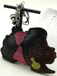 Black Women Full Rhinestones Girls Head Key Chain for Women Men Leather Silver Color Keyring Bag Car Accessories Gift, Keychain, Bling Bling Keychains