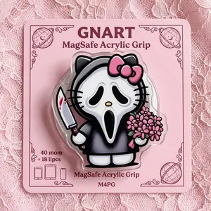 Spooky Cute Ghost Mask Cat Magnetic Phone Grip, Acrylic MagSafe Compatible Phone Stand, Halloween Horror Fan Pink Bow Slasher Graphic Phone Holder