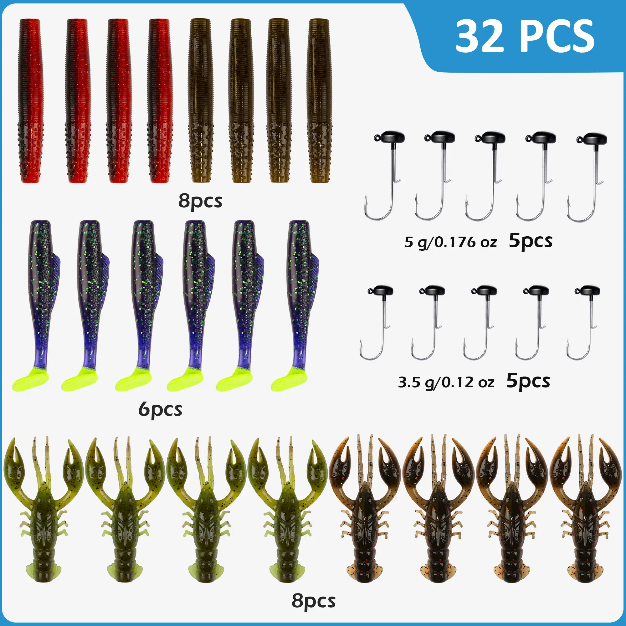 Premium 32-Piece Ned Rig Fishing Lure Kit – Artificial Fishing Lure Set with TRD Worm Baits and Mushroom Jig Heads