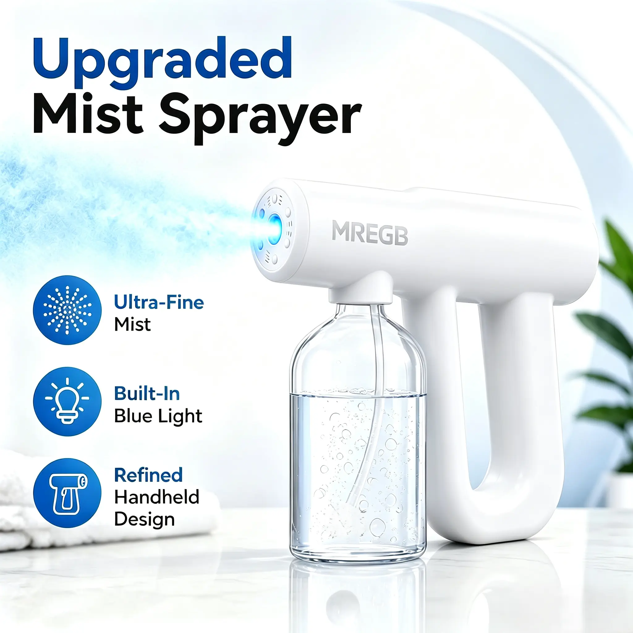 MREGB Professional Nano Spray Gun & Blue Light Nebulizer, ONLY THE SPRAY GUN, NO DISINFECTANT LIQUID INCLUDED. Cordless Rechargeable Fine Mist Atomizer. Portable Disinfectant Sprayer for Barber, Salon, Home Cleaning & Car Interior