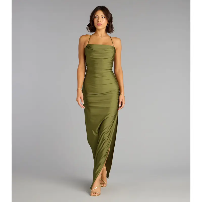 slim fit dress slacks AMIYA Lace Up Back Pattern Sequin Gown