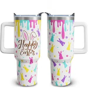 40 oz Happy Easter Tumblers with Handle and Straw Purple Rabbit Stainless Steel Vacuum Insulated Travel Coffee Mug Cup Large Capacity Water Bottle Easter Gifts for Women Girls Kids Bunny Lovers Christmas Birthday Holiday & Party Favors