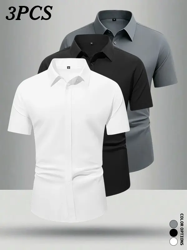 3-pack men’s short-sleeve loose shirts for young men, available in multiple colors; accommodates various body types without feeling tight or restrictive—great for commuting and versatile for layering.