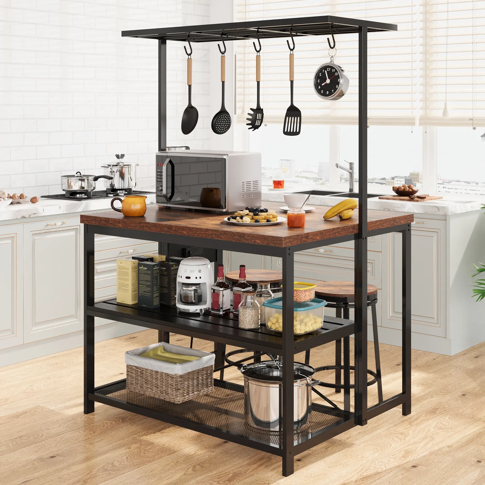 Kitchen Island Table with Power Outlet & Storage, 3 Tier Storage Shelf Microwave Stand Baker Rack, 42 Inch Multifunctional Heavy Duty Kitchen Serving Cart with 5 S-Hooks for Dining Room Living Room Home Kitchen Organizer