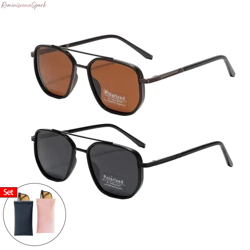 Unisex 2-Pack Vintage Double Bridge Polarized Aviator Sunglasses - Lightweight, Durable, Windproof Sports Eyewear for Driving, Daily Casual Wear, with Magnetic Leather Pouches
