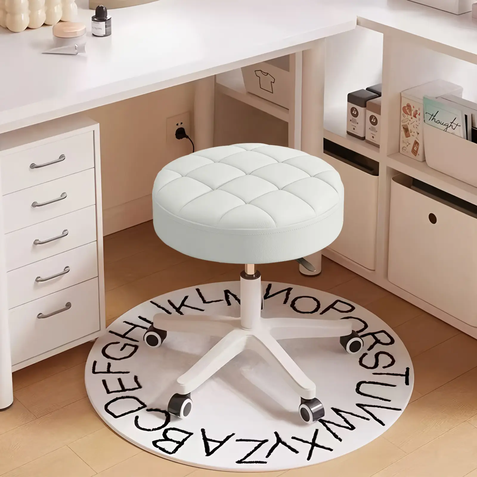 【Back To School】mall Chair Round Rolling Stool with Wheels PU Leather Height Adjustable Swivel Drafting Work SPA Salon Stools Home Office Chair