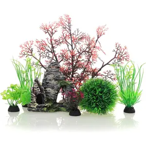 Aquarium Fish Tank Plastic  and Cave Rock Decorations Decor Set 7 count, Small and Large Artificial Fish Tank  with Cave Rock (CU89Red-7)