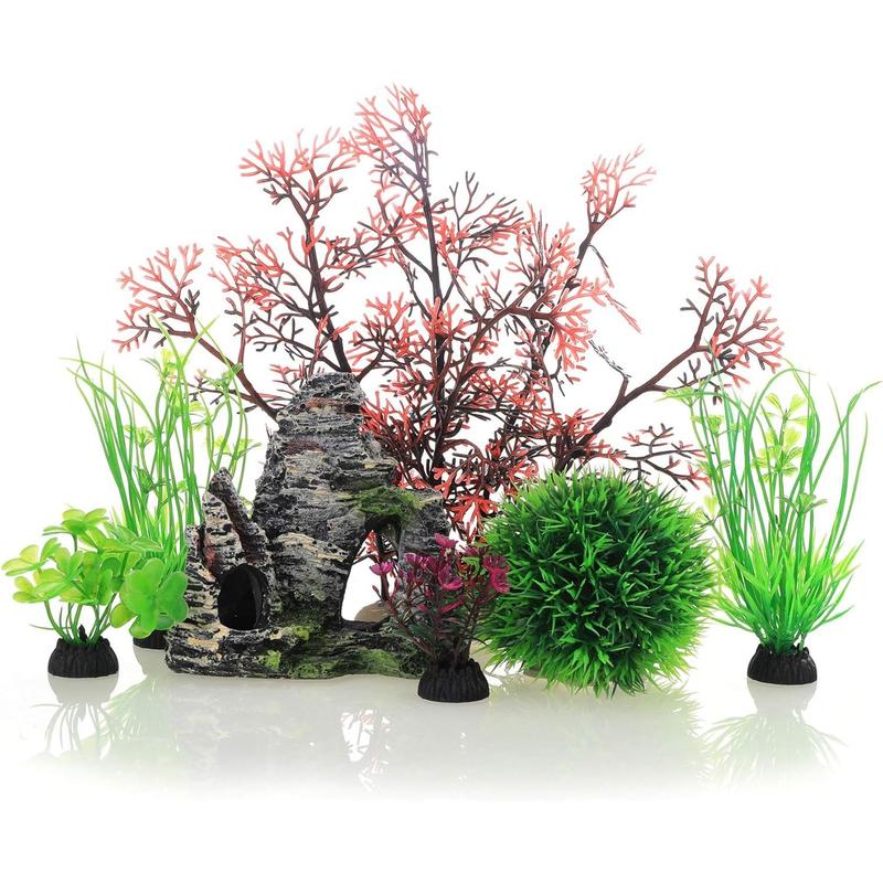 Aquarium Fish Tank Plastic  and Cave Rock Decorations Decor Set 7 count, Small and Large Artificial Fish Tank  with Cave Rock (CU89Red-7)