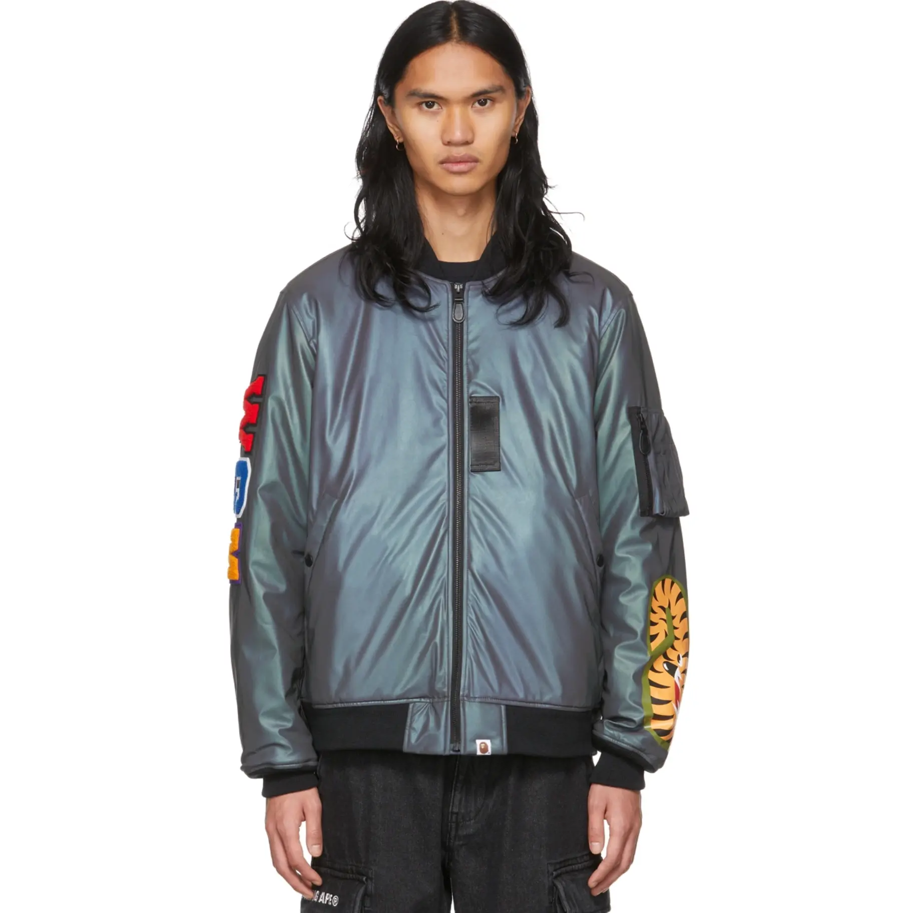 Men's Bape Grey Reflective Loose MA-1 Bomber Coat, Menswear Tops, Size Small