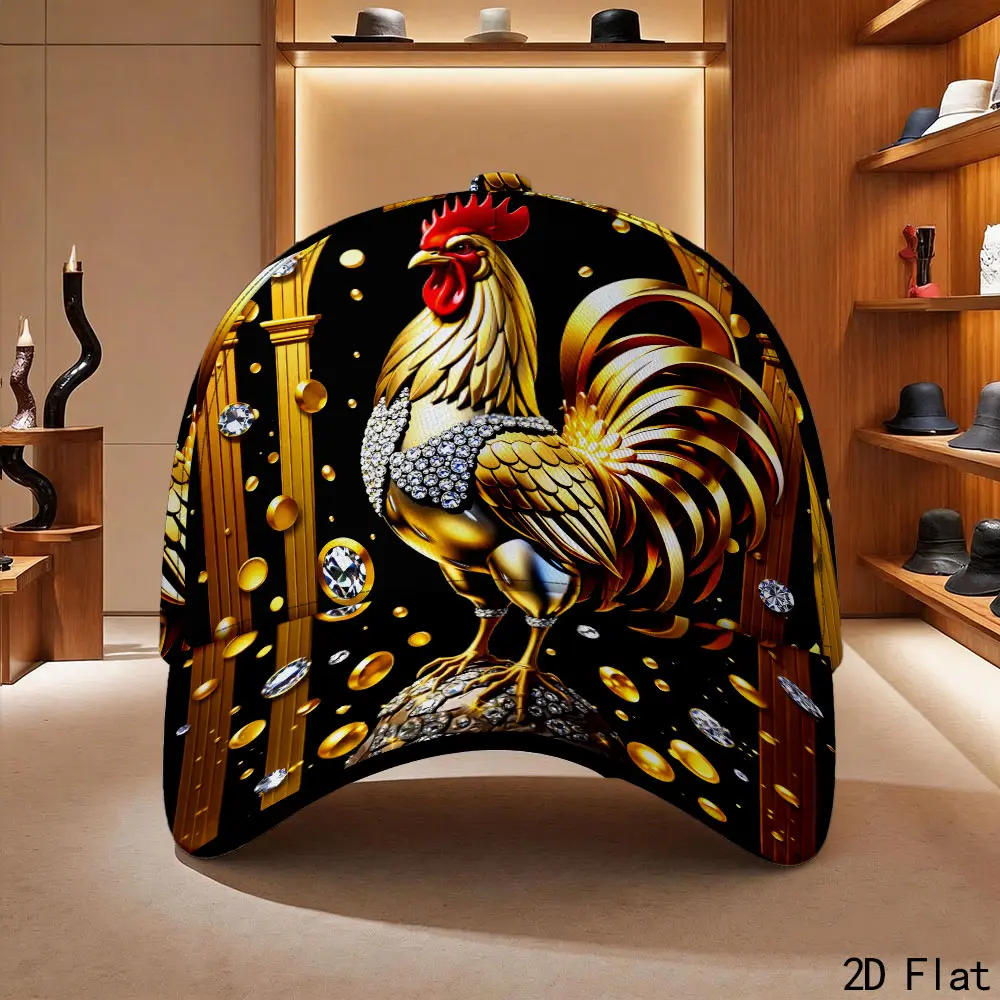 Rooster Motif Baseball Cap with Gold Coins and Diamonds Print for Men and Women Make To Order Print Cap