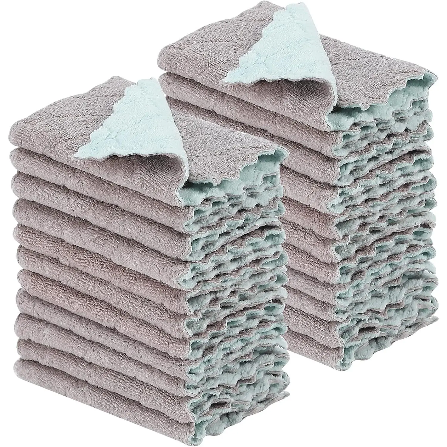 22Pack Kitchen Dish Cloths, Dish Towels,Nonstick Oil Washable Fast Drying,Super Absorbent Coral  Cleaning Cloths for Cleaning Tableware,Kitchen,Bathroom (Green-grey10 x 6")