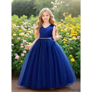 Christmas Long Dress for Girls, V Neck with Big Bow, Mid-Waist Rhinestone Design, Multi-Layer Mesh, Perfect for Piano Performance