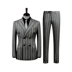 Men's Suit 2-Piece Double Breasted with Peak Lapel Tuxedo Jacket Striped Blazer and Dress Pants Set for Wedding Business Prom Classic Fabric Formal Menswear Elegant Love