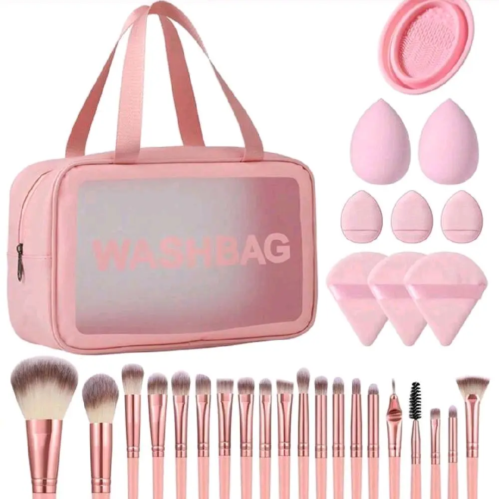 30PCS Makeup Tools Set Including:1PCS Multi-Functional Zipper Toiletry And Cosmetic Bag Waterproof+20PCS Makeup Brush Set+2PCS Makeup Sponges+3PCS Triangle Powder Puffs+3PCS Mini Air Cushion Powder Puffs+1PCS Makeup Brush Cleaning Tools