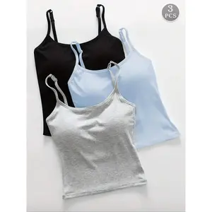 Women’s 3-Piece Set – Solid Knit Casual Minimalist Adjustable Camisole Tops with Built-In Bras, Form-Fitting Everyday Vests for All Seasons