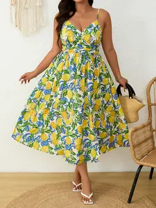 Plus Size Lemon Print Midi Tank Dress, Tropical Style Beach Vacation Skirt, Women's Summer Holiday