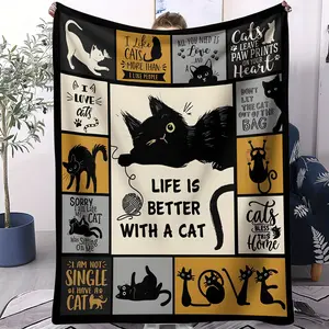Retro Literary Style Blanket,Small Flannel Throw Blanket / Nap Blanket,Cute Cat Theme Printed Bedding,Healing And Cozy, Fun And Cute, Soft And Comfortable, Perfect For Literary Young People's Bedding Decoration