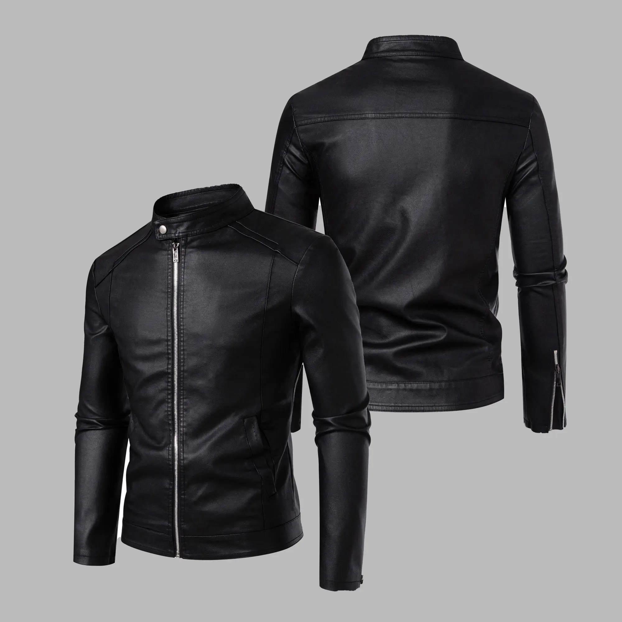 Men’s Stand Collar PU Leather Jacket – New for Autumn/Winter, Slim Fit Motorcycle Leather Coat, Trendy Versatile Windproof Outerwear Menswear Tops Casual Casual Long Sleeve Long Sleeve