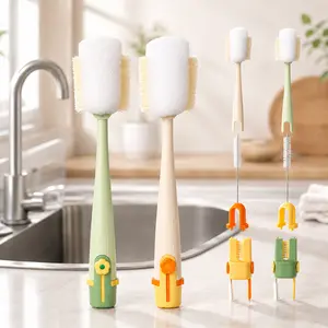 Long Handle Bottle Cleaning Brushes, 5-in-1 Multifunctional Scrubber with Hard Bristle, Practical Cleaner for Bottle and Cup Lids, White Green Color