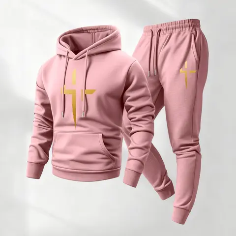 Men's Golden Cross Printed Hoodie and Drawstring Sweatpants Set, Menswear, Casual Athletic Long Sleeve Hooded Jacket & Trousers for Fall & Winter, Men's Clothing for Daily Wear, Sportswear Indoor Outdoor, Tracksuit, Athleisure Summer Clothes03