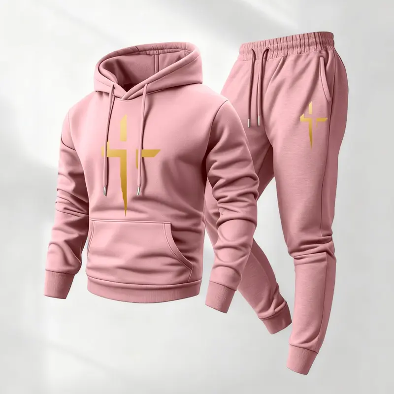 Men's Golden Cross Printed Hoodie and Drawstring Sweatpants Set, Menswear, Casual Athletic Long Sleeve Hooded Jacket & Trousers for Fall & Winter, Men's Clothing for Daily Wear, Sportswear Indoor Outdoor, Tracksuit, Athleisure Summer Clothes03