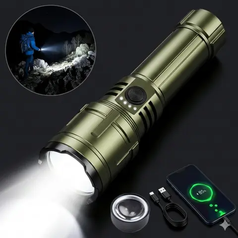 High Lumen Flashlights - 4000-Lumen Rechargeable Adjustable Tactical Flashlight, Super Bright Compact Pocket LED with USB Port, Zoomable Beam, Durable Aircraft-Grade Aluminum Body, IPX6 Waterproof, 5 Modes, Cells for Camping, Emergency Outdoor Use