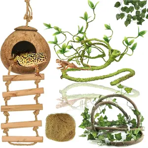 Crested Gecko Tank Accessories, Reptile Vines and Plants Coco Hut Coconut Shell with Ladder Hideout Cave Habitat Decor for Climbing Lizard Leopard Gecko Tortoise Amphibians Hermit CrabJungle Climber Bearded Dragon Tank Accessory Jungle