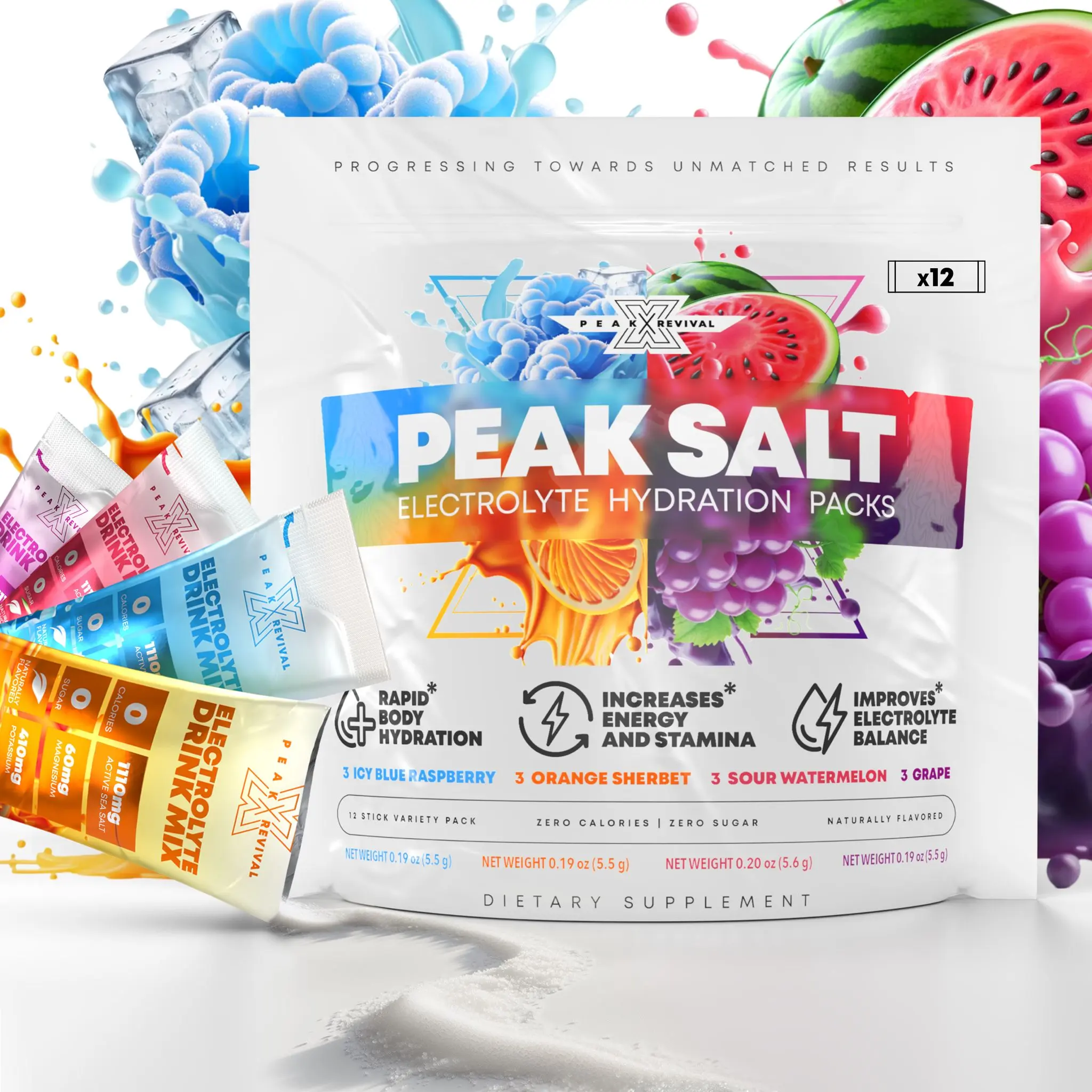 Peak Salt Hydration Variety Packets - 12 Servings, Dairy & Soy Free, Non-GMO, Gluten Free, Vegan, Zero Calories, Zero Sugar - Beverage