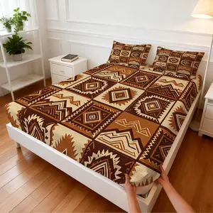 3Pcs Navajo Ethnic Style Fitted Sheet Set, Retro Geometric Totem Design, Non-slip Fit Skin-friendly Breathable, Ideal for Summer Western-style Bedroom Renovation