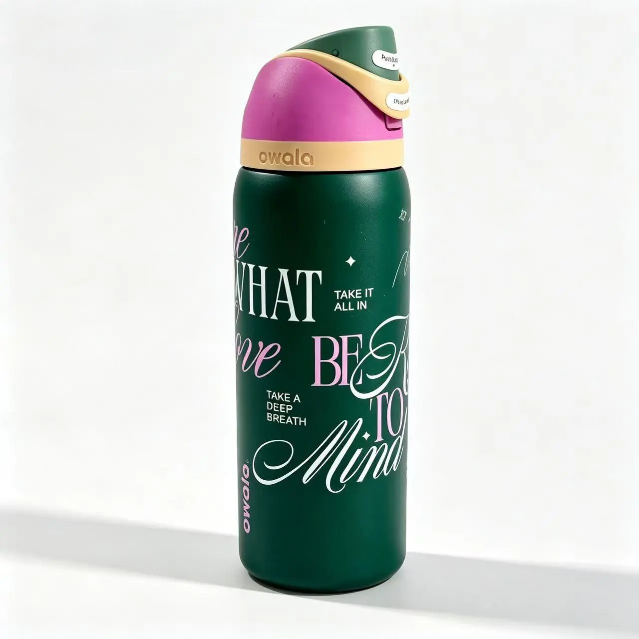 Owala 32oz Mental Health Positive Affirmation Insulated Water Bottle, Deep Green with Pink & White Lettering, Leak-Proof, Keeps Drinks Cold/Hot, for Everyday Use & Self-Care