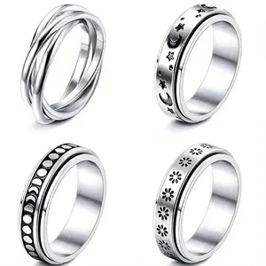 4-Piece Vintage Stainless Steel Fidget Ring Set - Moon, Star & Celtic Design Spinner Rings for Stress Relief | Unisex Wedding & Couple Jewelry