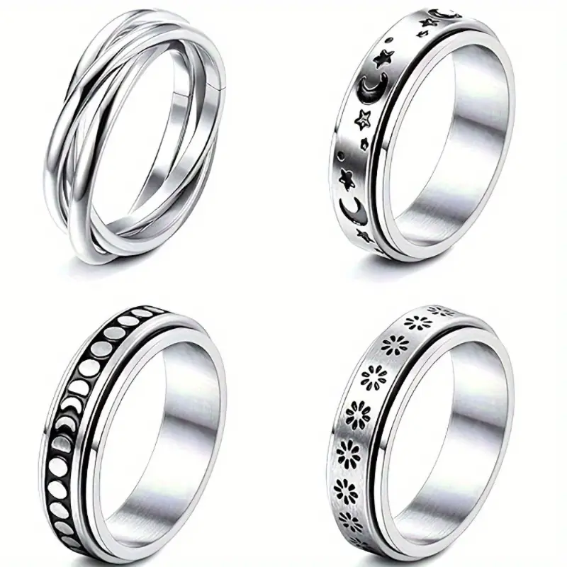 Vintage Stainless Steel Fidget Rings, 4-Piece Unisex Stackable Set with Celestial & Celtic Motifs for Stress Relief, Sizes 7-12, Stackable Ring Set, Stackable Rings, Metal Rings
