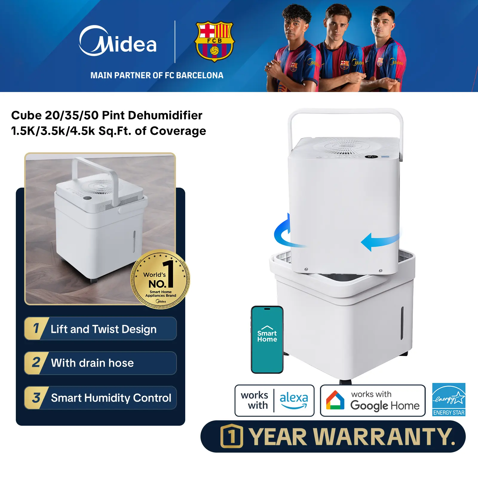 Midea Cube 20 Pint Dehumidifier for Basement and Rooms at Home, Smart Control, ENERGY STAR Efficient, Includes Drain Hose